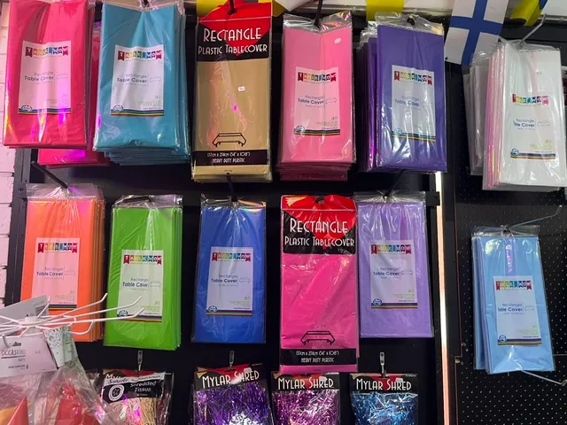 Colourful party table covers on display at Great Lakes Packaging & Party Supplies