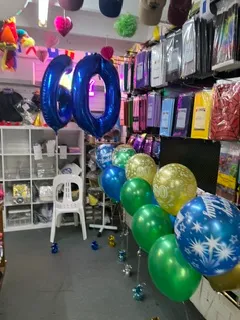 Number 40 foil balloon arrangement with green and blue balloons made up in store