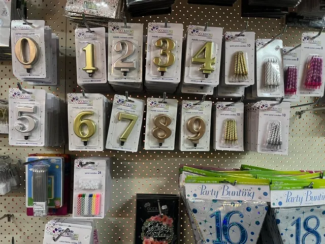 Birthday cake candles on the shelf at Great Lakes Packaging & Party Supplies in Tuncurry
