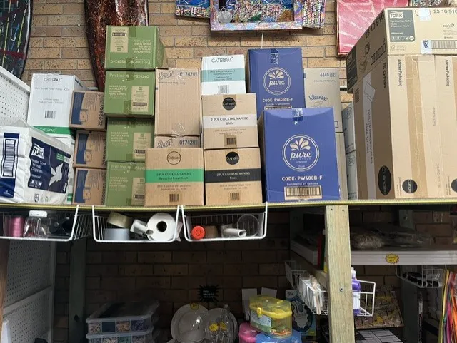 Packaging supplies in Tuncurry stacked on the shelves at Great Lakes Packaging & Party Supplies