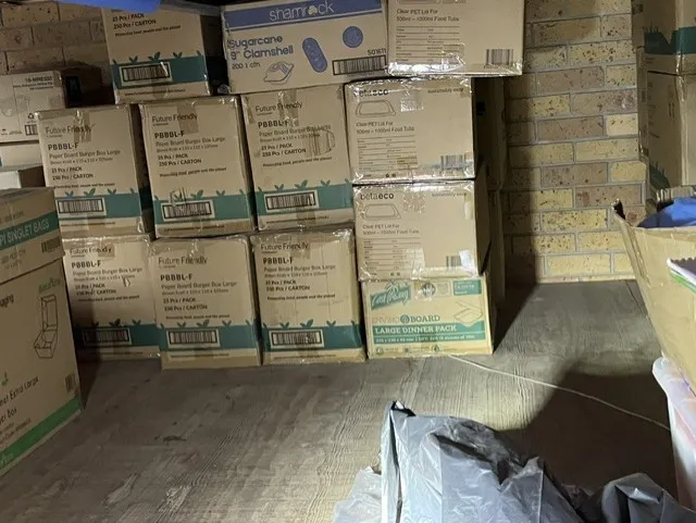 Cartons of packaging supplies stored ready for local customers