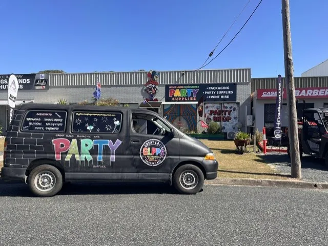 Great Lakes Packaging & Party Supplies shopfront and branded party van in Tuncurry